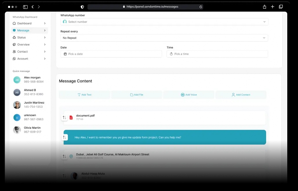 Screenshot of SendOnTime's interface for scheduling WhatsApp messages