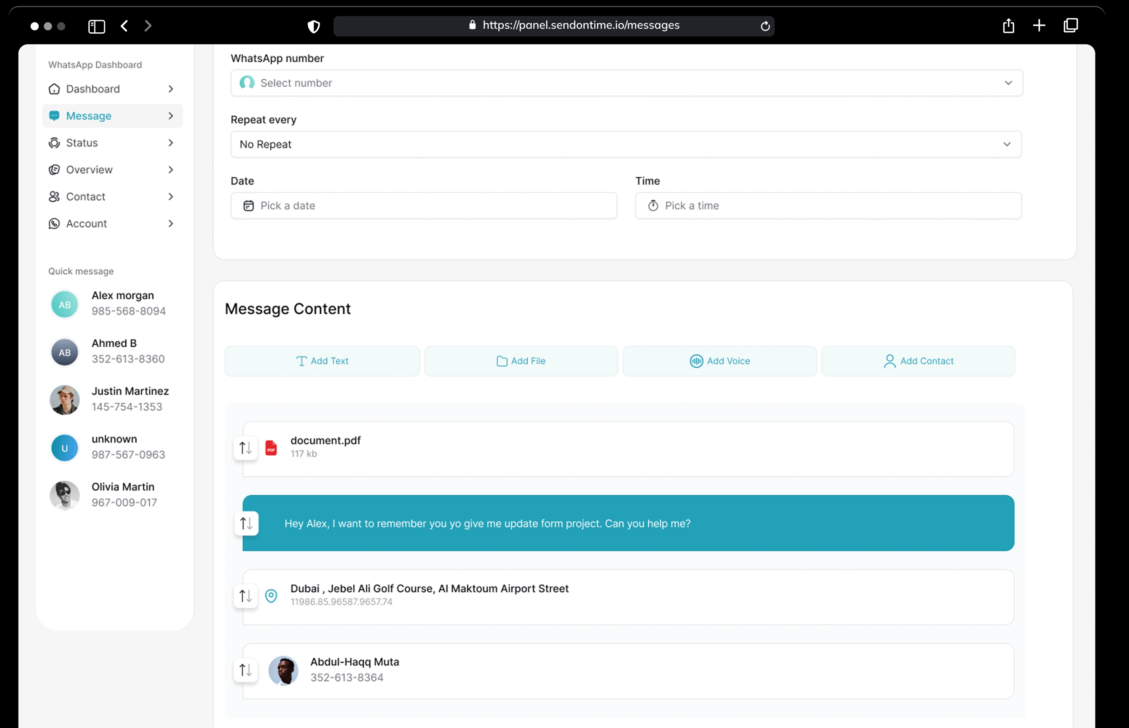 Screenshot of SendOnTime's interface for scheduling WhatsApp messages