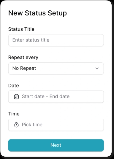 WhatsApp Status scheduling setup with time and caption input for promotions