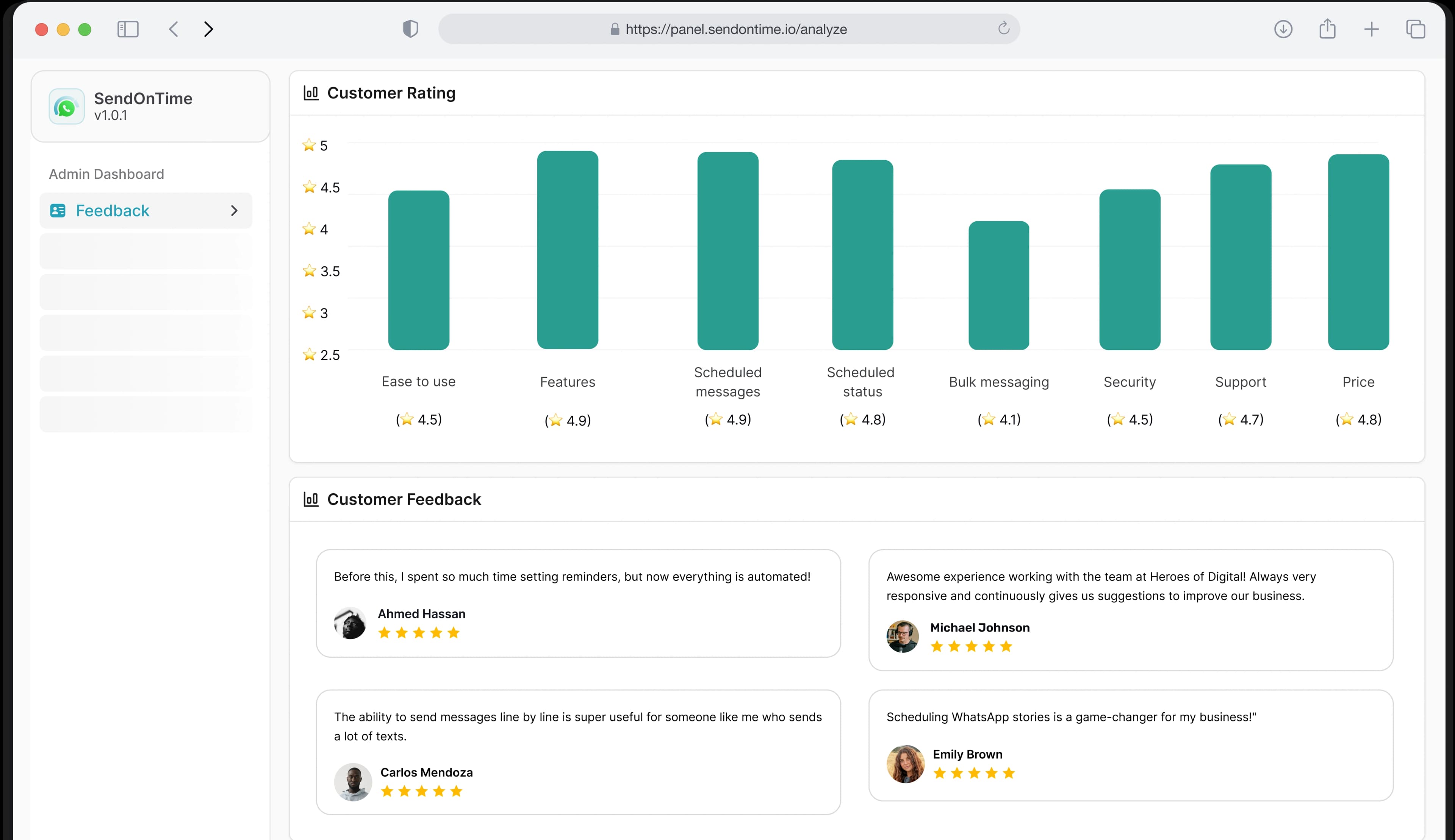 User dashboard showing ratings and customer feedback on WhatsApp scheduling features