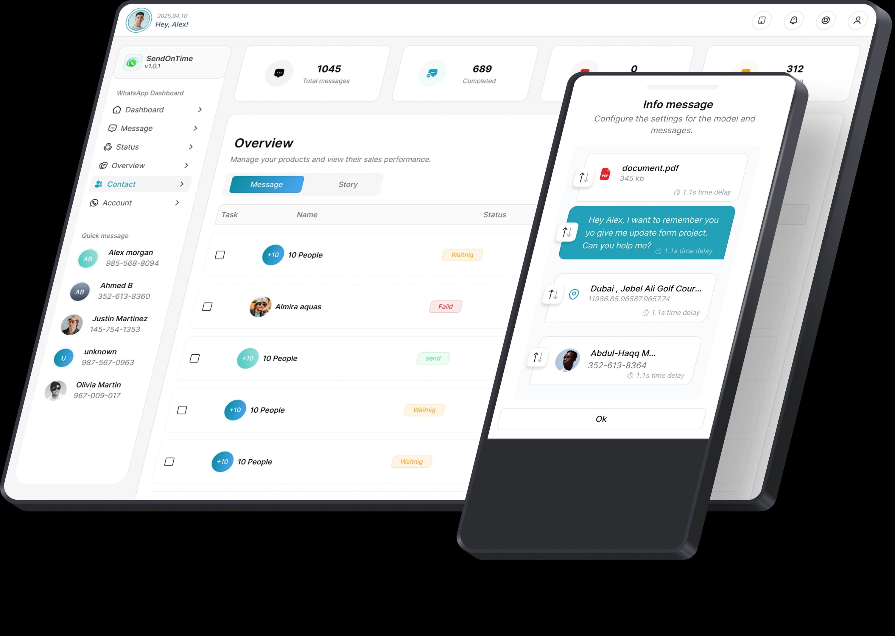User dashboard showing scheduled message timeline and calendar