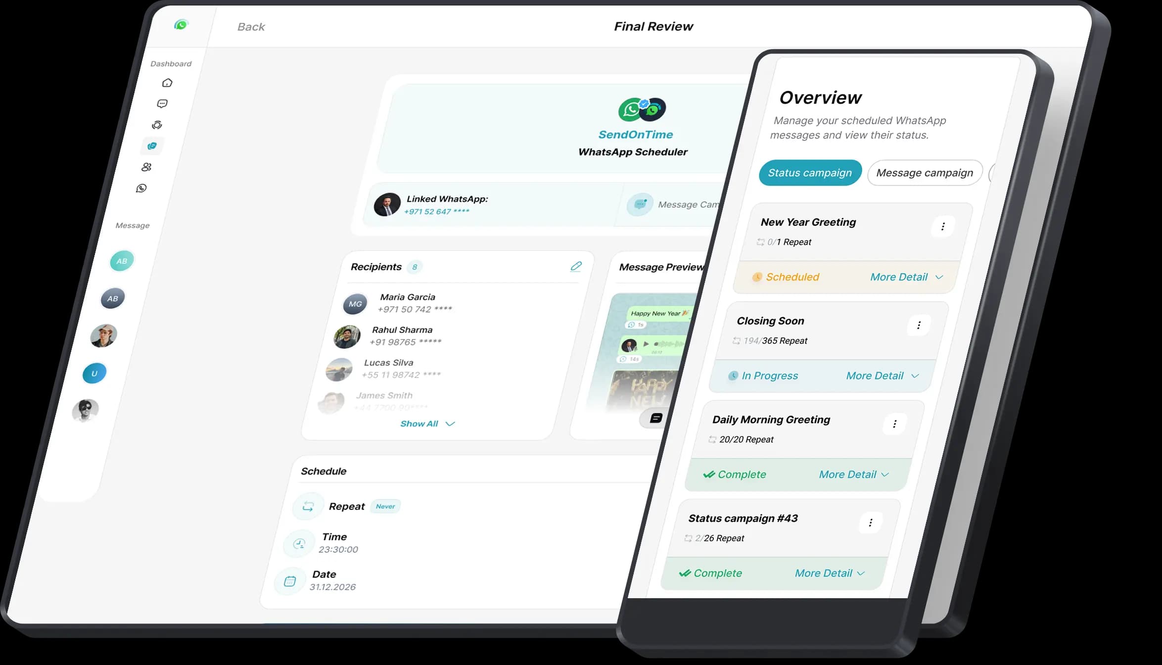 User dashboard showing scheduled message timeline and calendar
