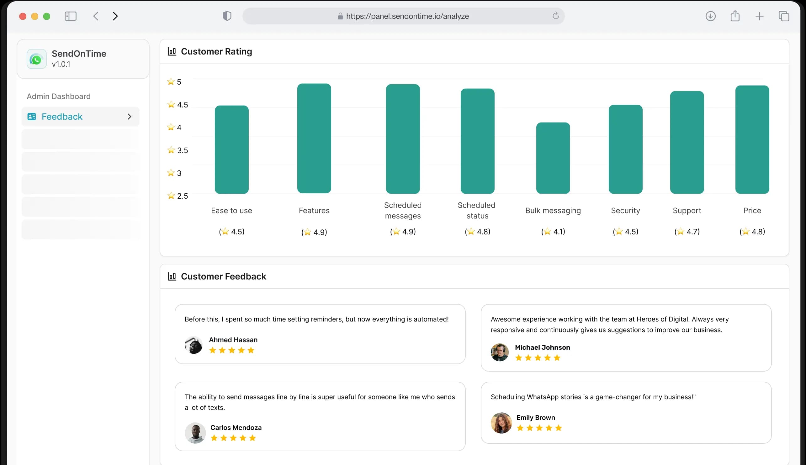 User dashboard showing ratings and customer feedback on WhatsApp scheduling features