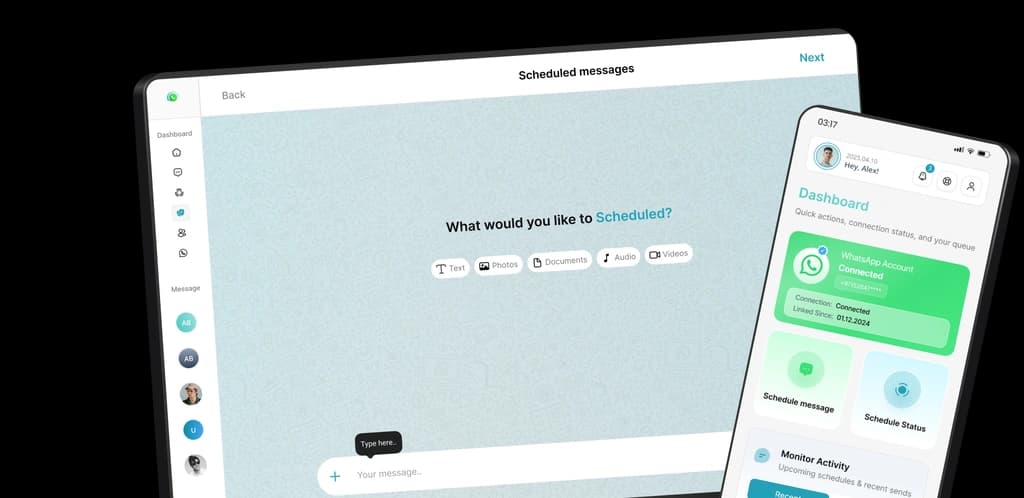 Dashboard showing scheduled WhatsApp messages and statuses