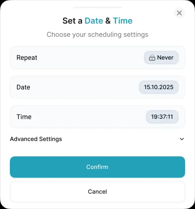 SendOnTime interface with message setup form