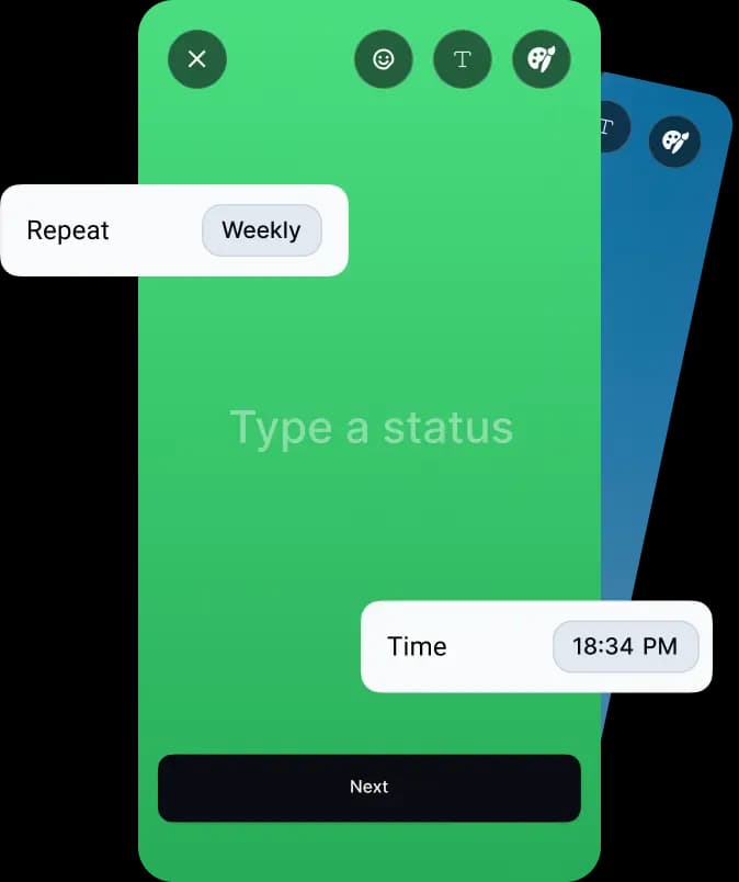 Phone mockup showing WhatsApp Status scheduling options including repeat and time