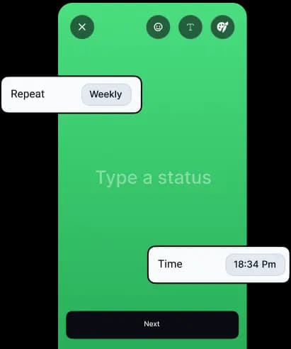 WhatsApp Status scheduling setup with time and caption input for promotions