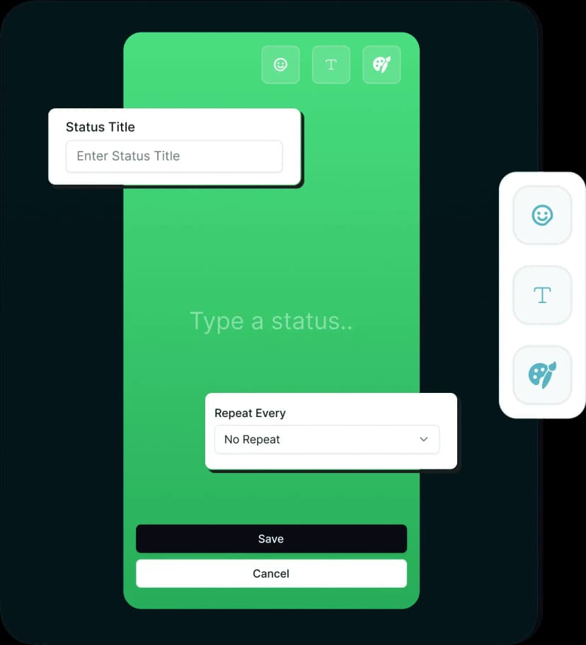 Phone mockup showing WhatsApp Status scheduling options including repeat and time
