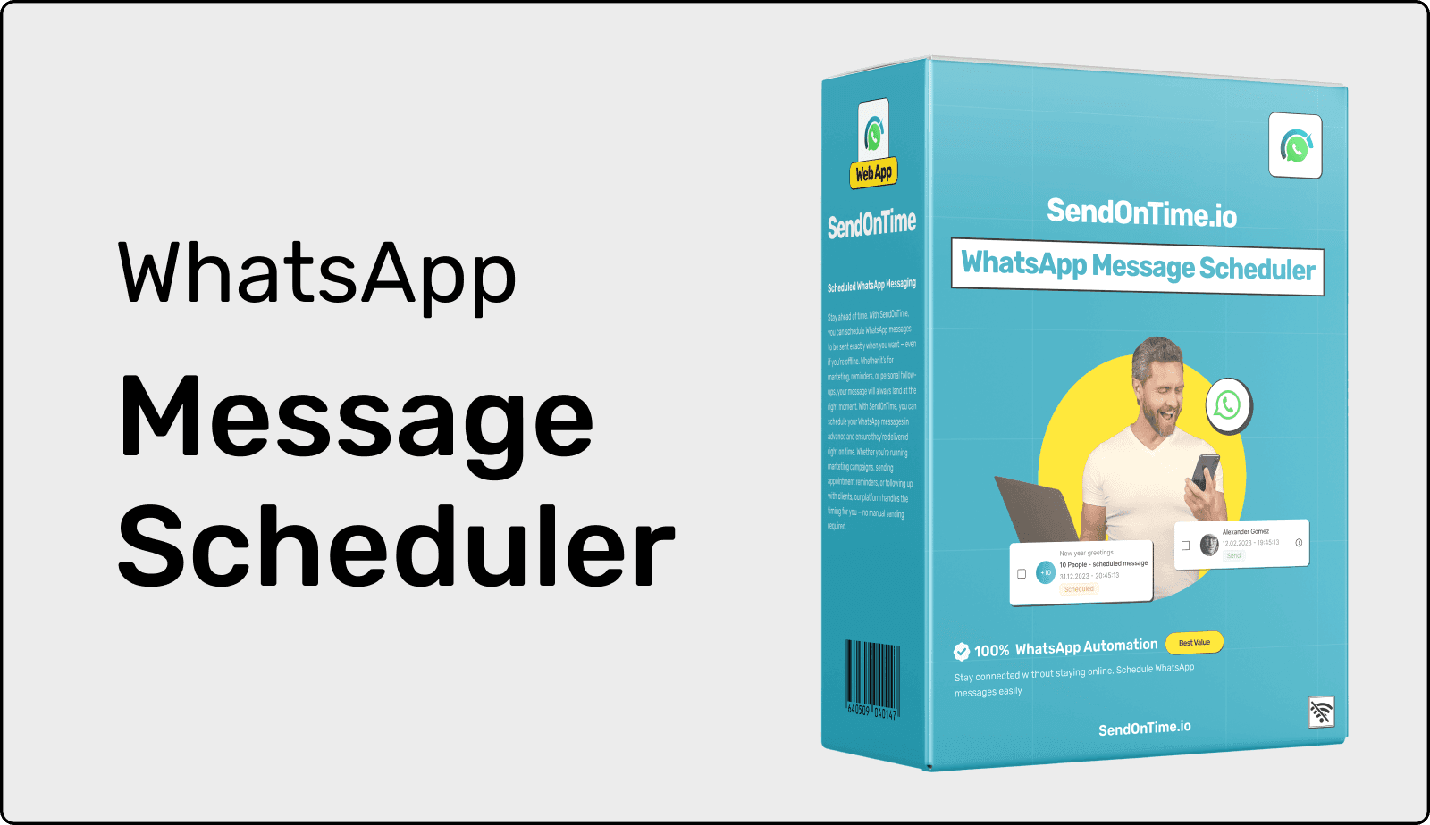 Product box for SendOnTime.io’s WhatsApp Message Scheduler showing scheduled message interface