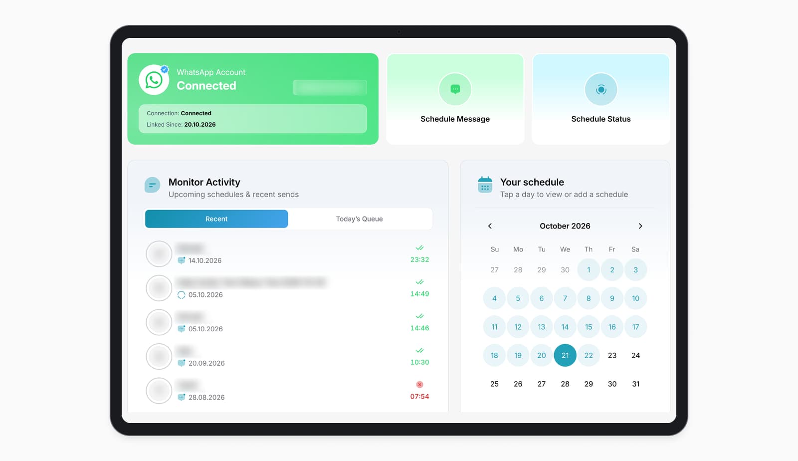 SendOnTime dashboard showing a connected WhatsApp account and the Schedule Message option.